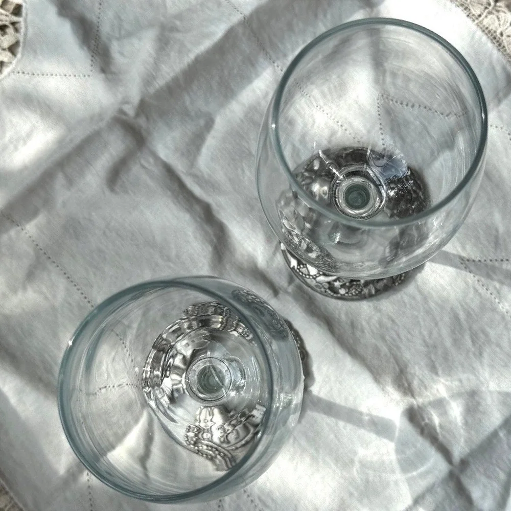 1990's Lindsay Claire Set of 2 Silver Pewter Base Wine Glasses Theater